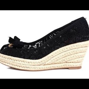 Tory Burch Black Lace Espadrille Wedges